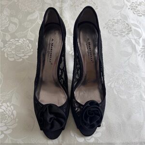 A. Marinelli Black Lace Heels with Floral Accent